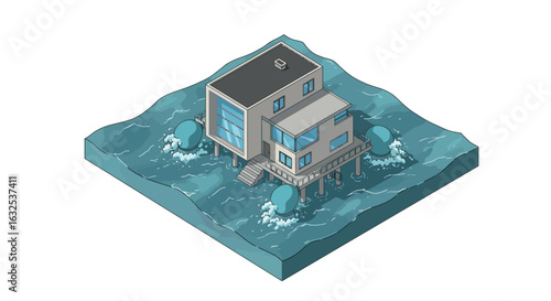 Isometric modern beachfront house elevated over ocean waves
