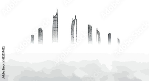 Futuristic cityscape silhouette with skyscrapers above misty clouds