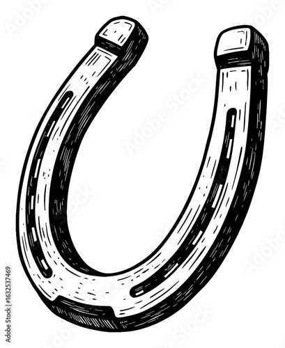 Lucky Horse Shoe Talisman Black and White Outline Line Art Drawing Vintage Engraving Style Isolated Object