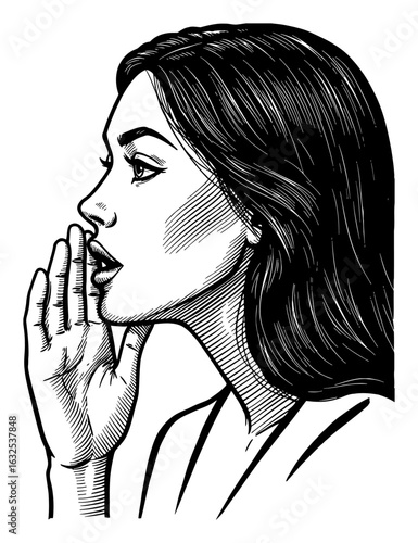 Detailed Woman Whispering a Secret with Hand Near Mouth Black and White Outline Line Art Drawing