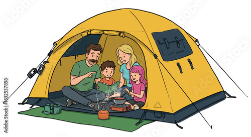 Family enjoying camping trip in yellow tent at campsite