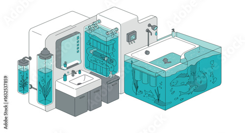 Futuristic aquarium bathroom concept with integrated plumbing and aquatic life display