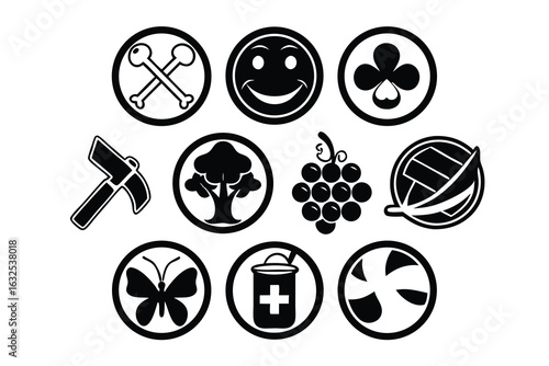 Black and white icons set of nature sports and medical symbols silhouettes