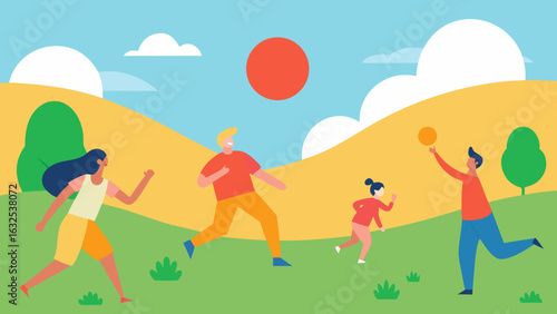 friends playing frisbee in sunny field