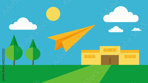 paper plane flying in sunny schoolyard