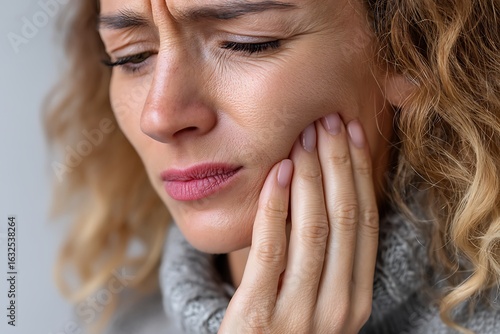 Close-up of a female patient with temporomandibular joint disorder, holding her jaw in pain, highlighting discomfort and health.