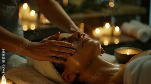Wallpaper Mural Woman relaxes with facial massage in softly lit spa, surrounded by candles, soothing towels. hands therapist gently work to rejuvenate her skin, enhancing relaxation. Torontodigital.ca