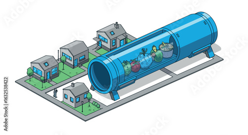 Isometric urban garden with futuristic tube greenhouse and residential houses