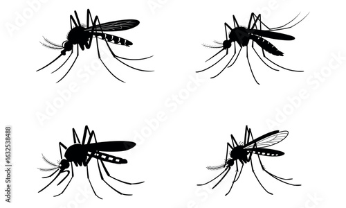 Mosquito silhouettes in various positions for insect control and science illustrations
