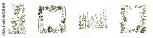 Botanical Assortment Featuring Green Leaves, Flowers, Natural Textures for Design