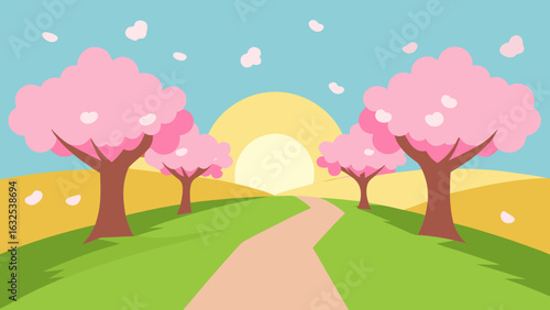 sunny path between cherry blossom trees