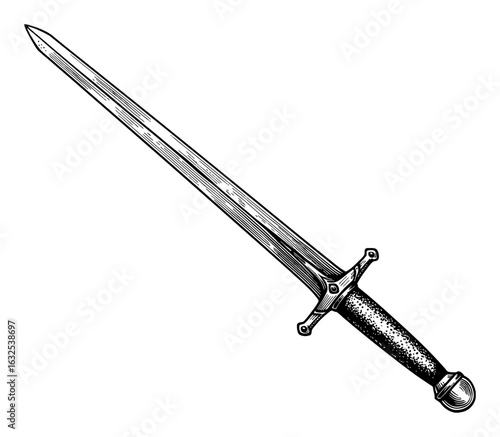 Long Excalibur Sword Black and White Outline Line Art Drawing Vintage Engraving Style Isolated Object
