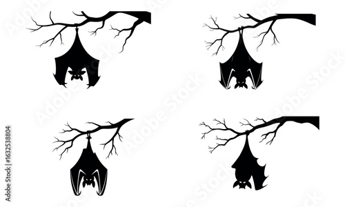 Silhouettes of bats hanging upside down from tree branches for halloween and spooky themes

