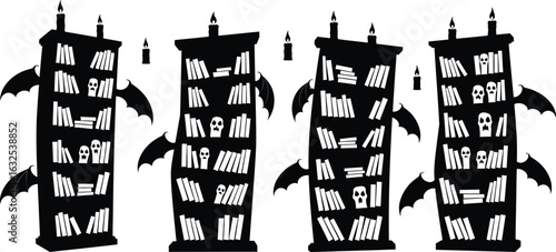 Four gothic bookshelves with bat wings and candles silhouette