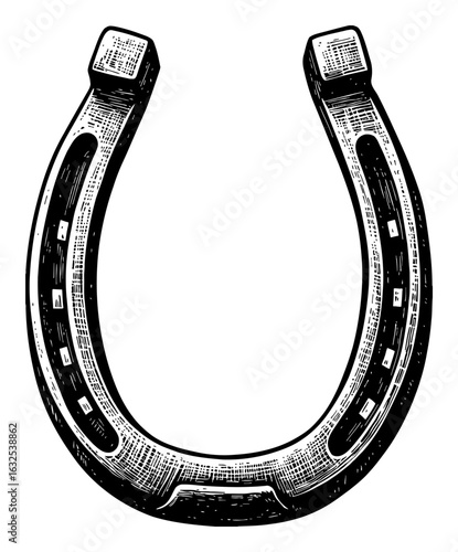 Classic Lucky Horseshoe Metal Object Black and White Outline Line Art Drawing Traditional Engraving Style