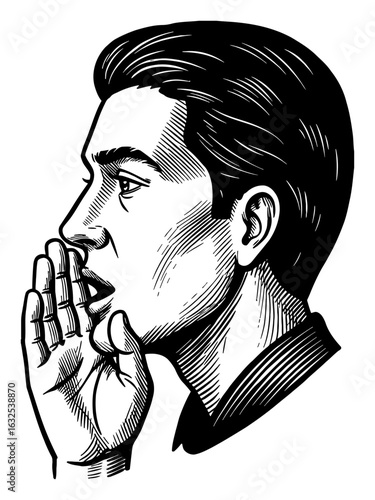 Man Whispering with Hand Near Mouth in Profile View Black and White Outline Line Art Drawing Illustration Vintage Style