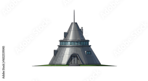 Futuristic round building with metallic finish on green lawn