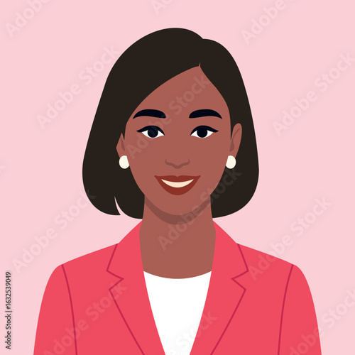 Vector illustration of a confident Office woman with Suit, short dark hair, pearl earrings, and a pink blazer on a light pink background. Ideal for corporate or professional use.