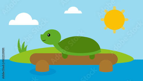 turtle sunbathing log sunny pond