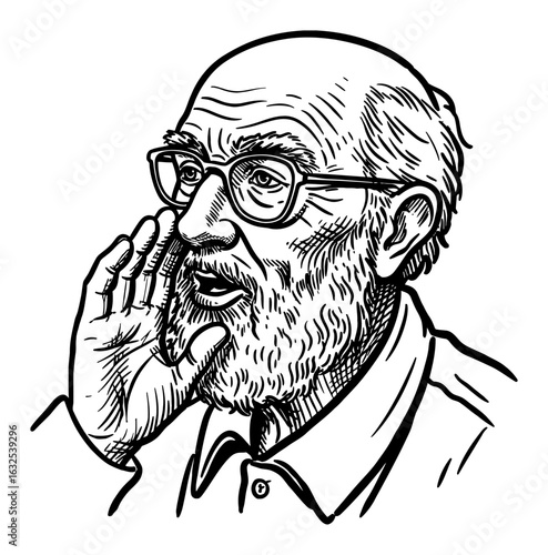 Bearded Grandpa Whispering Secret with Hand Near Mouth Vintage Style Black and White Outline Line Art Drawing