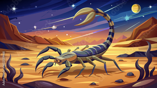 Scorpion walks across desert sands under starry sky