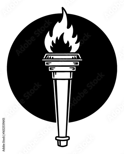 Fire Torch Symbol of Olympic Sports Games in Black and White Outline Line Art Drawing Vintage Retro Style