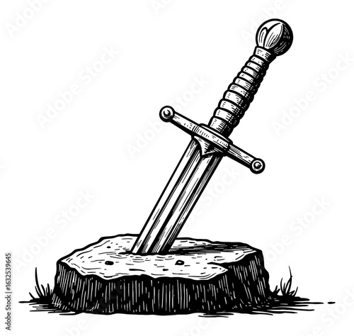 Iconic Excalibur Sword Stuck Firmly in Stone or Tree Stump Black and White Outline Line Art Drawing Ancient Legend
