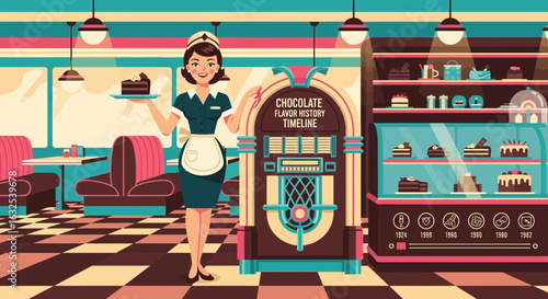 Nostalgic Diner Scene Featuring Waitress Jukebox And Delicious Chocolate Desserts