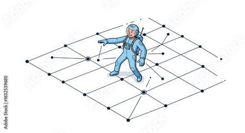 Futuristic astronaut navigating virtual network in isometric style