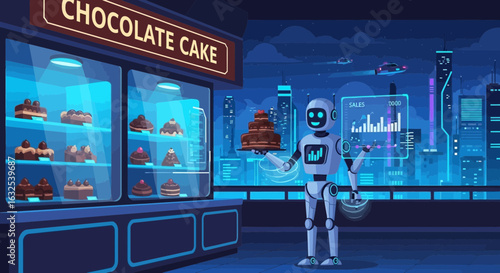 Automated Chocolate Cake Sales In A Futuristic Cityscape