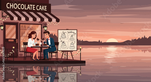 Romantic Evening At Chocolate Cake Shop By The Lake At Sunset