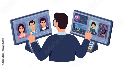 Man exploring nfts on dual screens with digital art and avatars