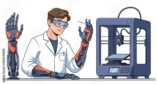 Innovative scientist testing bionic arm with modern 3d printer technology