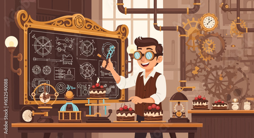 Steampunk Inventor Creating Sweet Treats in Laboratory Setting