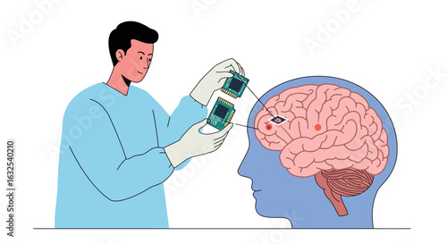 Ai brain enhancement concept with human and computer chip integration in modern style