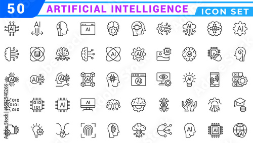 Artificial intelligence icon set. Containing machine learning, data science, AI, virtual assistant, generative AI, technology, Turing test and more. Solid vector icons collection.