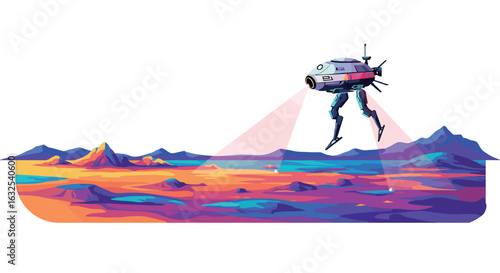 Futuristic space landscape with colorful mountain view and hovering robot