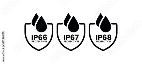 Black IP66 IP67 IP68 Icons – Waterproof Protection Badges Vector