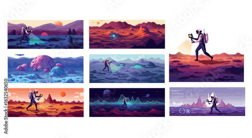 Astronaut exploring alien landscapes: futuristic sci-fi adventure