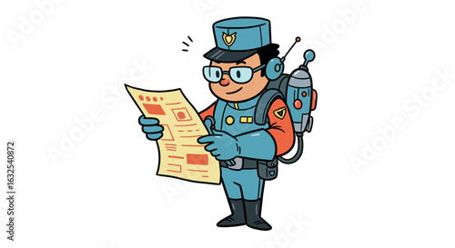 Retro cartoon postman in sci-fi uniform with jetpack delivering mail