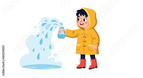 Child in raincoat playfully pouring water from bottle