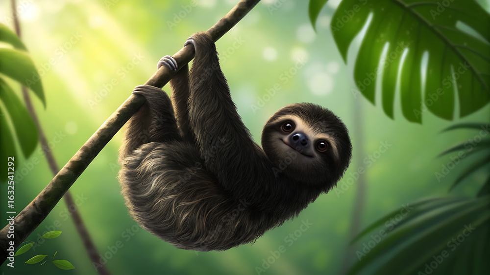 Fototapeta premium Adorable sloth hanging from a tree branch in a lush forest