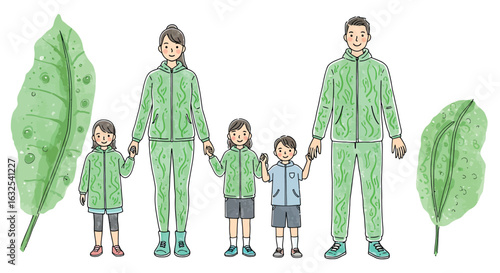 Eco-friendly family in leaf pattern outfits with green leaves