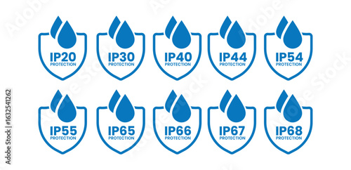 Complete Black IP Protection Icons – IP20 to IP68 Vector Set