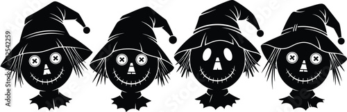 Four spooky scarecrow faces silhouette