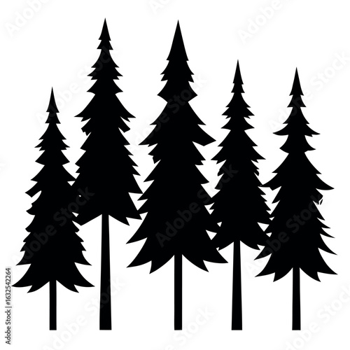 Forest Silhouette: A stark black silhouette of five evergreen trees dominates the frame, set against a pristine backdrop, the image embodying simplicity and the grandeur of the wilderness.