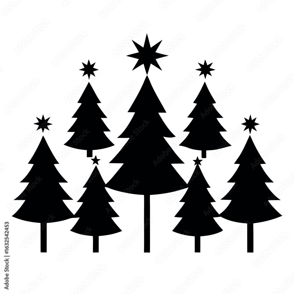 Obraz premium Festive Evergreen Silhouette: A collection of stylized evergreen trees, each adorned with a star, forming a classic holiday scene, conveying a sense of seasonal cheer and minimalist design.