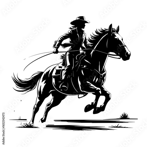 Vector illustration of Cowgirl riding horse in action isolated