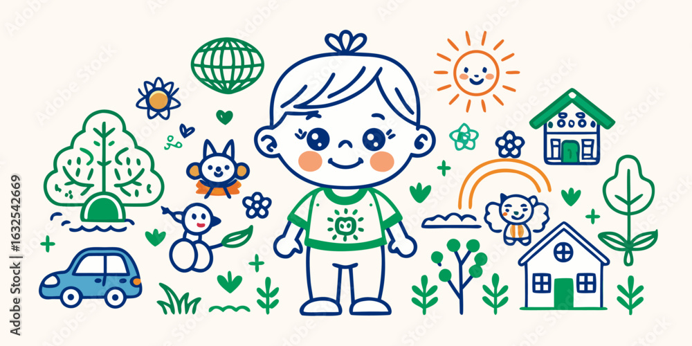 Obraz premium Cartoon boy with houses trees sun car flowers and animals cute nature scene vector illustration design art vector illustration