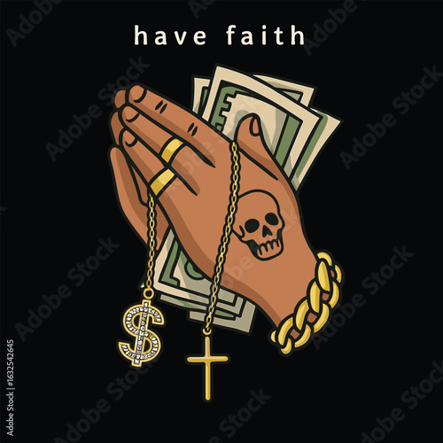 Have faith hands cash cross chain illustration